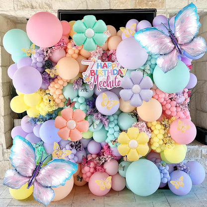 Butterfly and Daisy Flower Balloons Arch Garland Kit 164Pcs Pastel Purple Green Yellow Pink Orange Balloons with Butterfly Stickers for Birthday Party Baby Shower Decorations