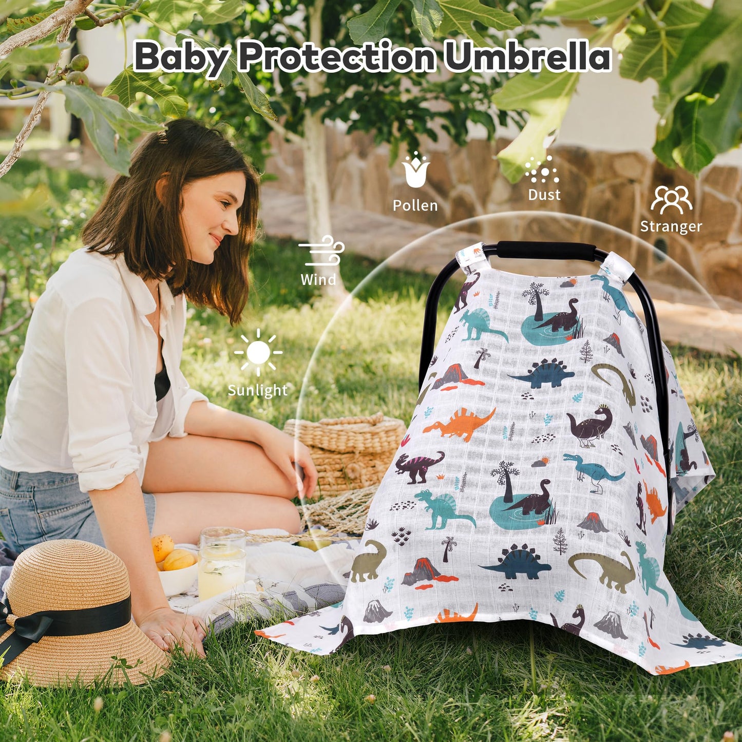 Rquite Car Seat Cover, Muslin Cotton Infant Car Seat Canopy, Breathable Baby Carrier Cover, Summer Stroller Sun Shade, Flower