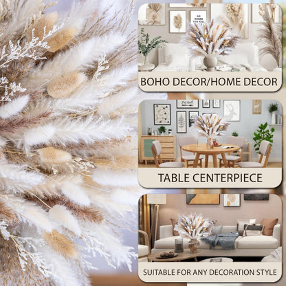 95 PCS Natural Pampas Grass Decor Bouquet | Boho Dried Floral Arrangement Centerpiece Table Decor Wedding Decor Rustic Decor, Natural, white, beige (Fdm-b-01)