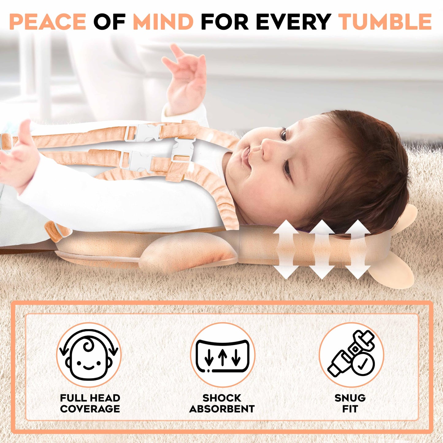 100% Cotton Non-Toxic Hypoallergenic Baby Backpack Head Protection Pillow, Full Head Coverage, Baby Head Pillow for Falling, Secure, Durable, Fox (Orange)