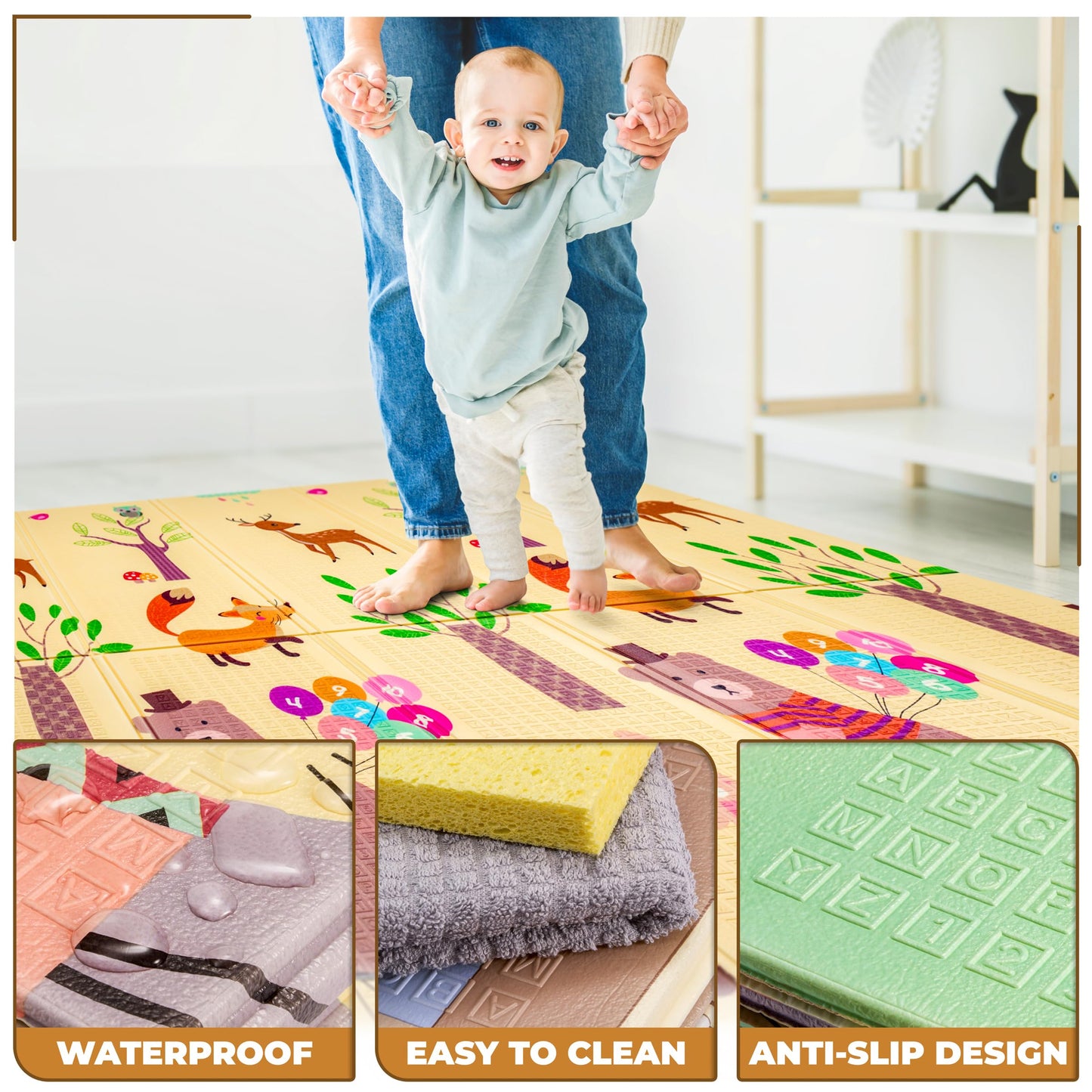 Sorbus Foldable Baby Play Mat, Kids Foam Mats for Floor with Travel Bag - Waterproof Foldable Play Mats for Babies, Infants, Toddlers, and Kids Playtime & Tummy Time 78x70x0.4 (Safari Party)