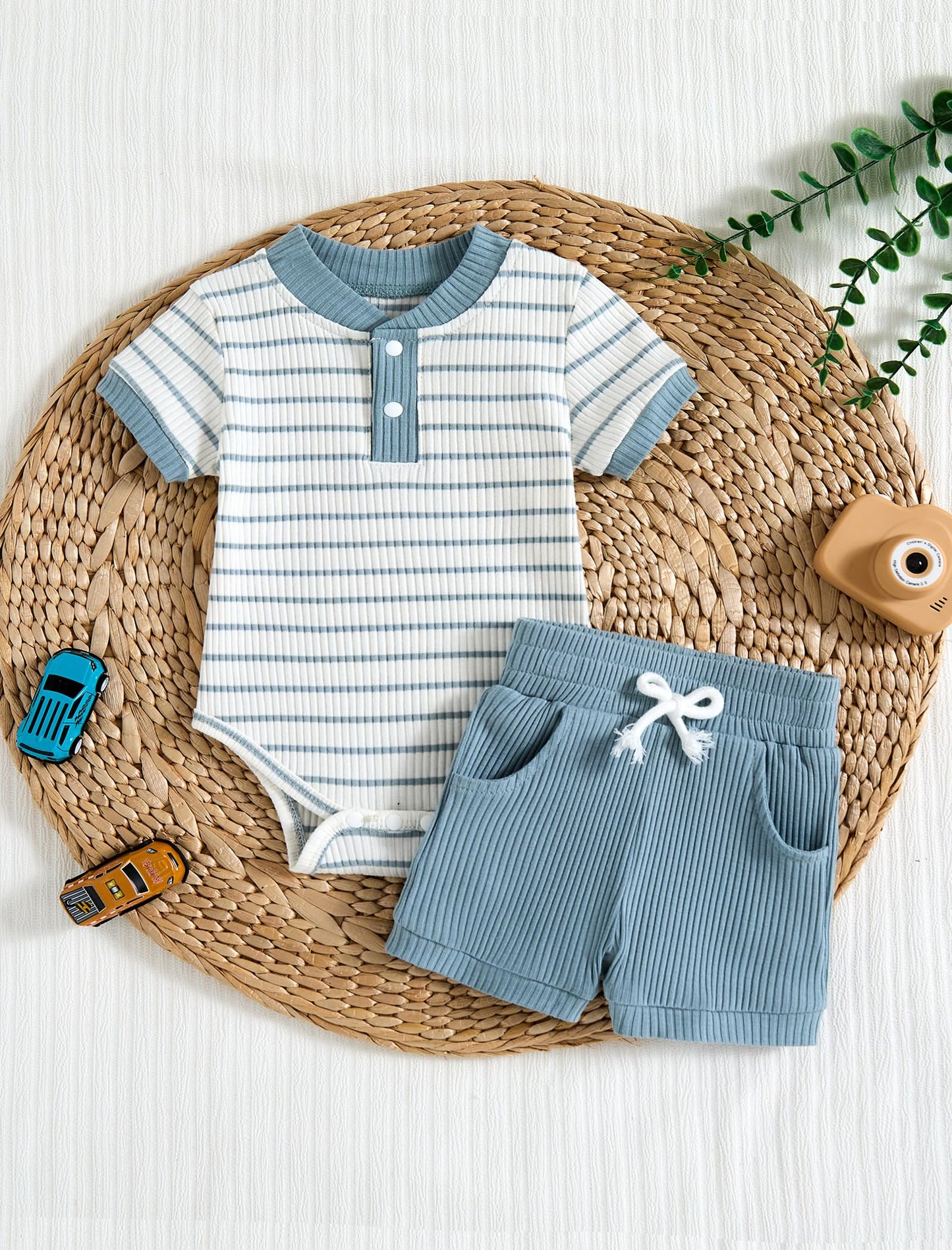 Baby Boy Outfits Ribbed Short Sleeve Striped Romper Top Solid Shorts with Pocket Baby Boy Summer Clothes 0-18M