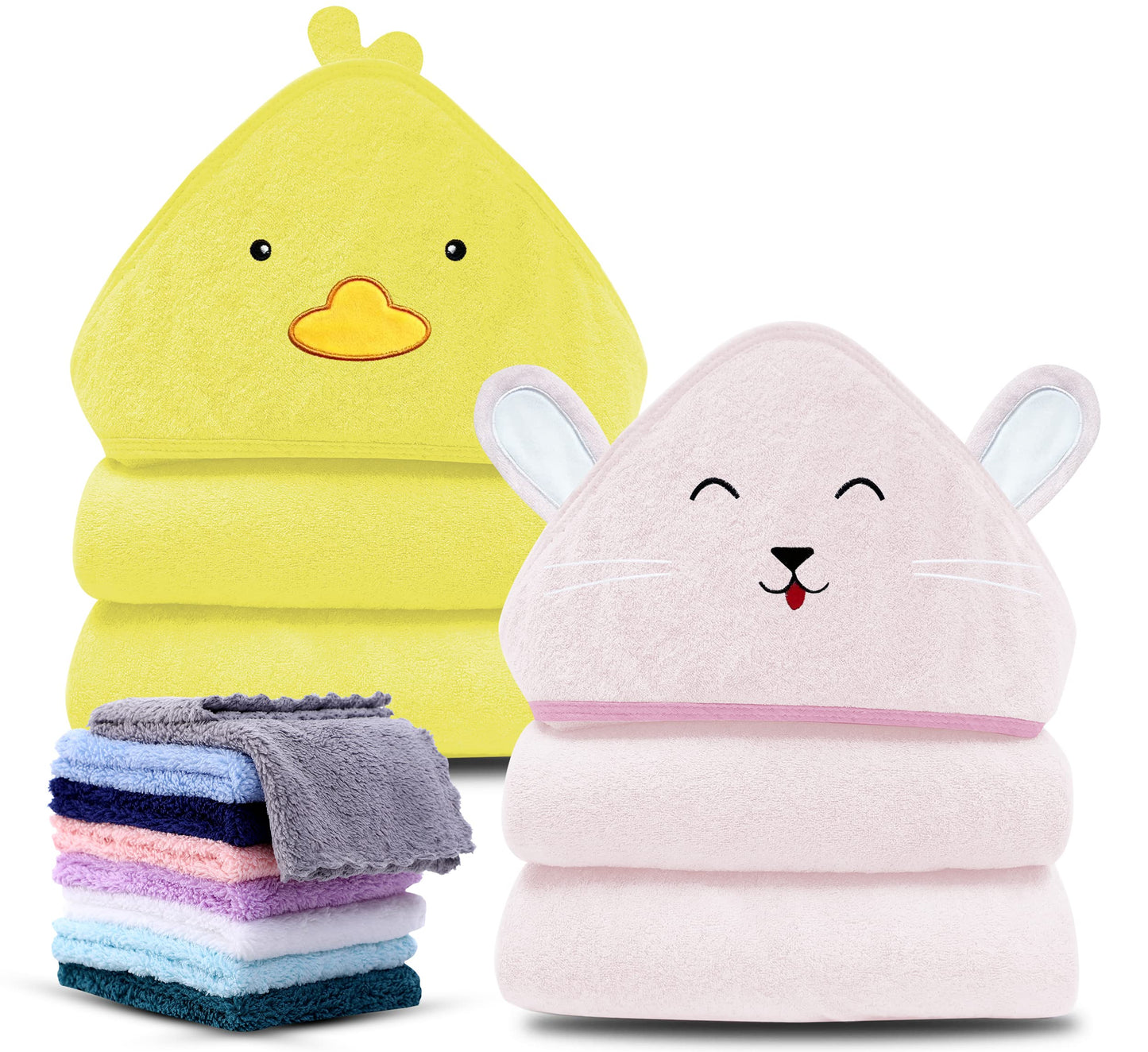 Cute Castle 2 Pack Hooded Baby Towel Rayon Made from Bamboo and 8 Washcloths - Lovely Elephant, Happy Bird