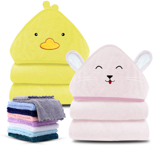 Cute Castle 2 Pack Hooded Baby Towel Rayon Made from Bamboo and 8 Washcloths - Lovely Elephant, Happy Bird