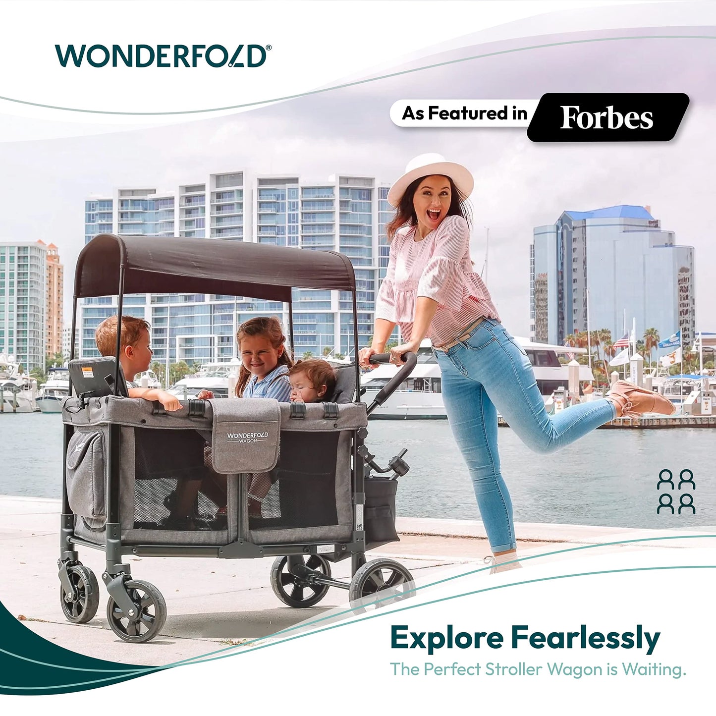 WONDERFOLD W4 Original Stroller Wagon (4 Seater) - Collapsible Wagon Stroller with Seats with 5-Point Harnesses, Easy Access Zipper Door, and Removable Sun Canopy, Black