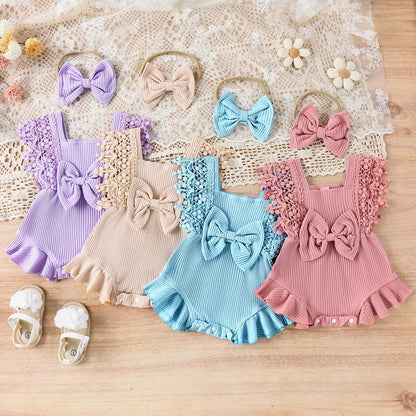 Newborn Baby Girl Lace Romper Ruffle Sleeveless Backless One Piece Jumpsuit Bodysuit with Headband Summer Clothes