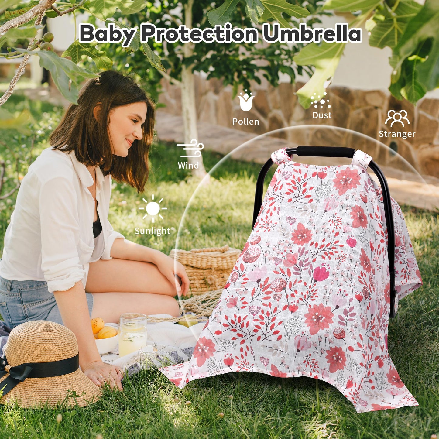 Rquite Car Seat Cover, Muslin Cotton Infant Car Seat Canopy, Breathable Baby Carrier Cover, Summer Stroller Sun Shade, Flower