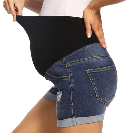 V VOCNI Maternity Denim Shorts Women's Summer High Waist Distressed Cuffed Hem Casual Denim Jeans Short