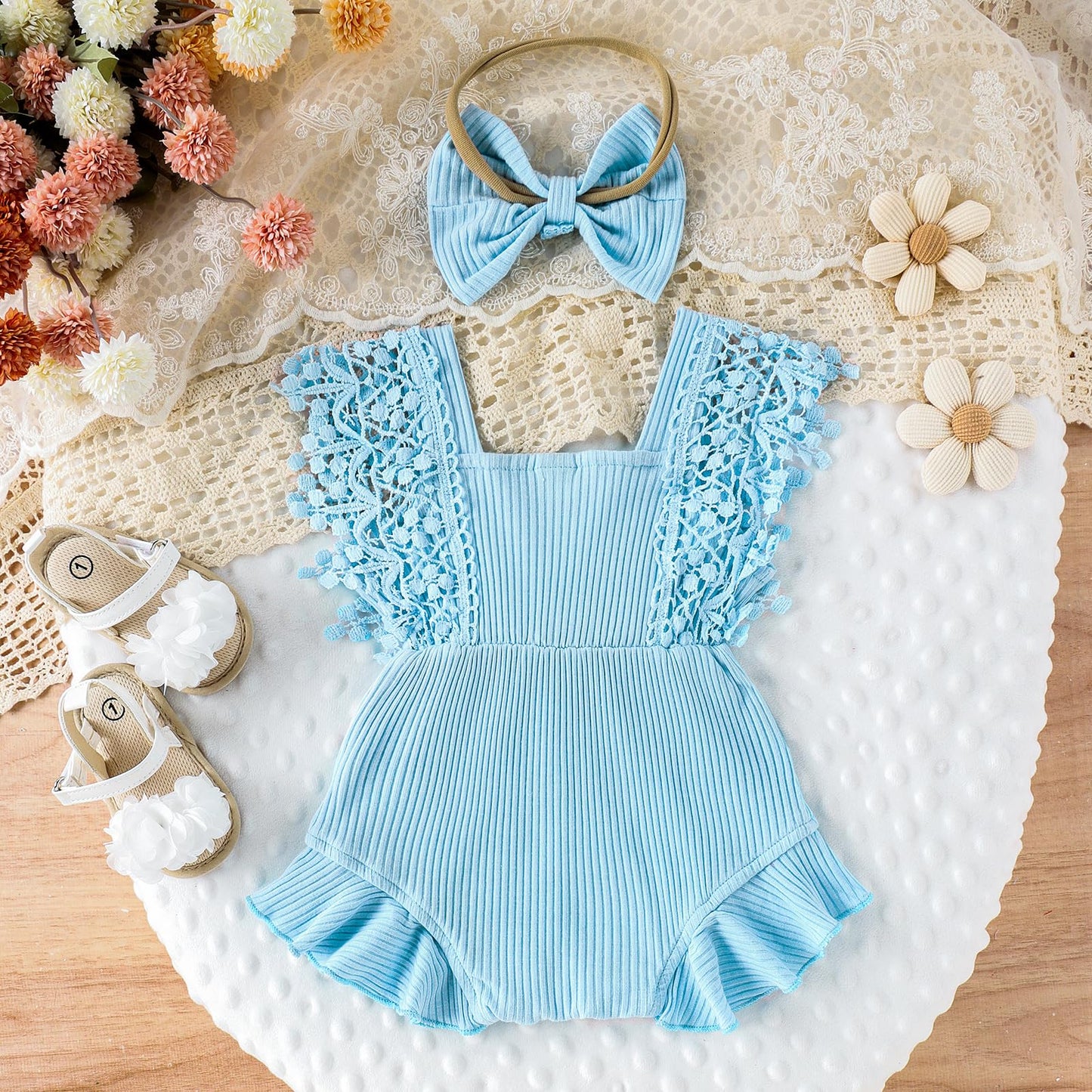 Newborn Baby Girl Lace Romper Ruffle Sleeveless Backless One Piece Jumpsuit Bodysuit with Headband Summer Clothes