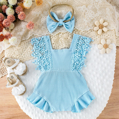 Newborn Baby Girl Lace Romper Ruffle Sleeveless Backless One Piece Jumpsuit Bodysuit with Headband Summer Clothes