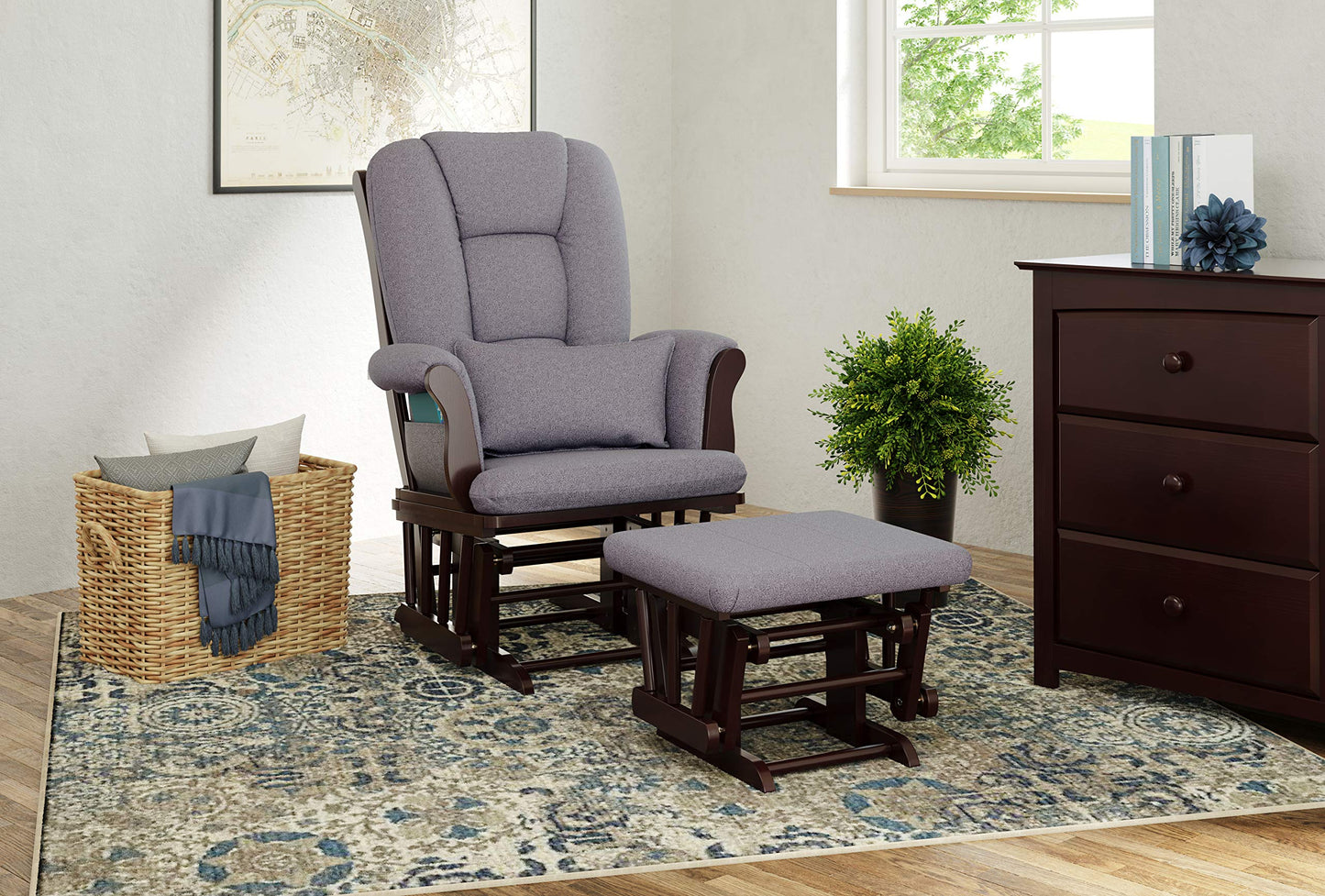 Storkcraft Tuscany Custom Glider and Ottoman with Free Lumbar Pillow (White/Slate Gray Swirl) - Cleanable Upholstered Comfort Rocking Nursery Chair with Ottoman