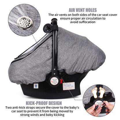 Rquite Car Seat Cover Baby, Carseat Covers Boy Girl, 2 Layers Window -Breathable Mesh & Wind/Sun Shade, Infant Car Seat Canopy Baby Carrier/Stroller Cover, Fit Spring, Fall, Winter, Cold Weather