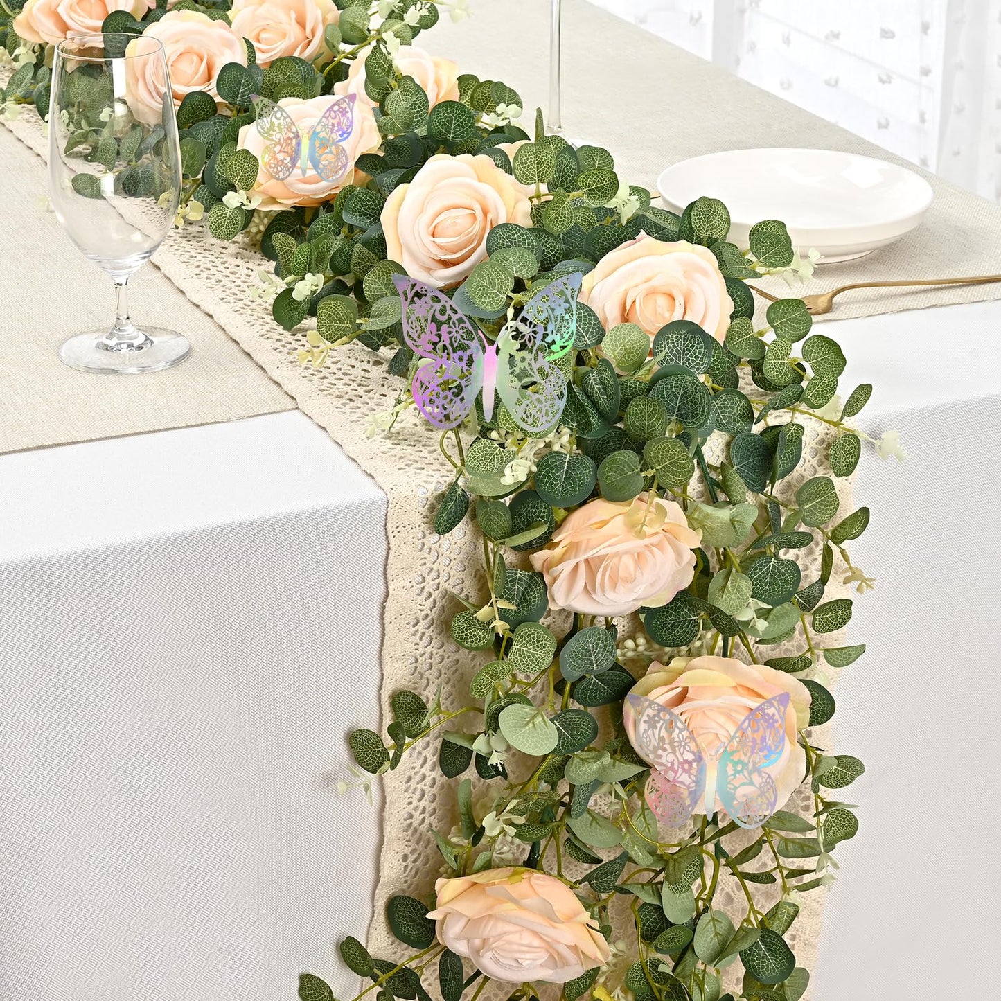 Yastouay 6.4 Ft Fuller Artificial Eucalyptus Garland with Champagne Flowers Fake Rose Vine for Table Centerpiece Wedding Baby Shower Party Room Backdrop Decor