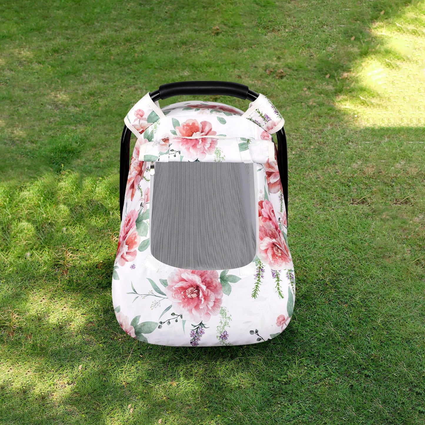 Pea Pod Car Seat Cover Baby, Infant Car Seat Canopy Covers for Newborn with 2 Layers Windows of Breathable Mesh Fabric, Lightweight Polyester/Soft Minky Dot Backing (Floral & Rainbow)