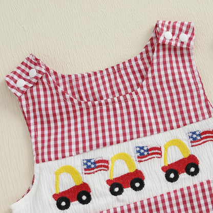 Baby Girl Pumpkin Embroidery Jumpsuit Halloween Sleeveless Round Neck Plaid Tank Romper
