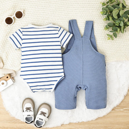 Baby Boy Clothes Infant Summer Outfits Short Sleeve Striped Romper Cute Cartoon Dog Overall Pants Set 2pcs 0-18 Months