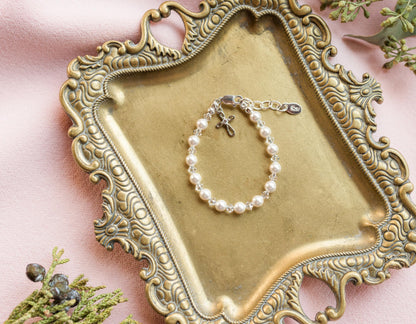 Cherished Moments Sterling Silver Bracelet for Girls with High-End Simulated Pearls and Crystals with a Dainty Infinity Cross Charm