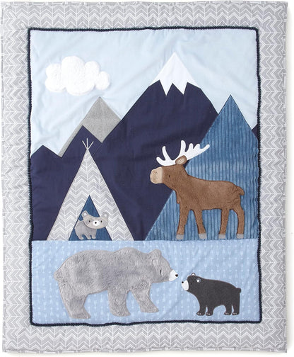 Levtex Baby - Trail Mix Crib Bed Set - Baby Nursery Set - Grey, Navy, White and Blue - Bear Mountains - 4 Piece Set Includes Quilt, Fitted Sheet, Wall Decal & Skirt/Dust Ruffle