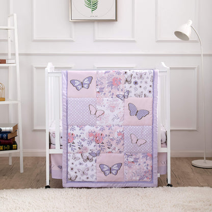 La Premura 3-Piece Purple Butterfly Baby Crib Bedding Set for Girls, Lilac Standard Size Crib Set for Baby Girl, Comforter, Fitted Sheet, and Dust Ruffle Skirt, Baby Nursery Floral Design for Girls