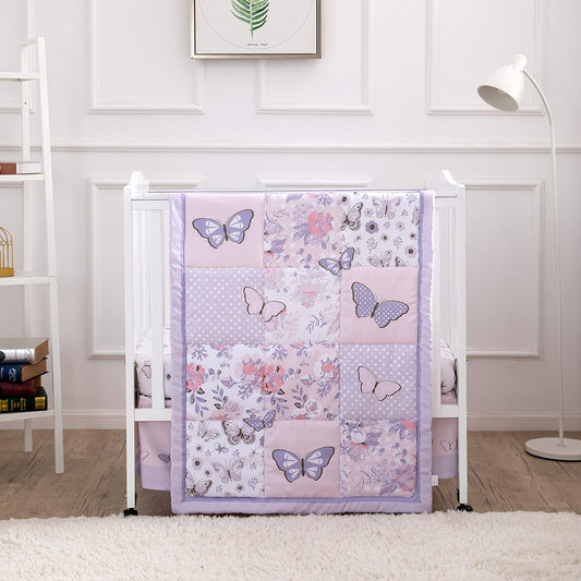 La Premura 3-Piece Purple Butterfly Baby Crib Bedding Set for Girls, Lilac Standard Size Crib Set for Baby Girl, Comforter, Fitted Sheet, and Dust Ruffle Skirt, Baby Nursery Floral Design for Girls