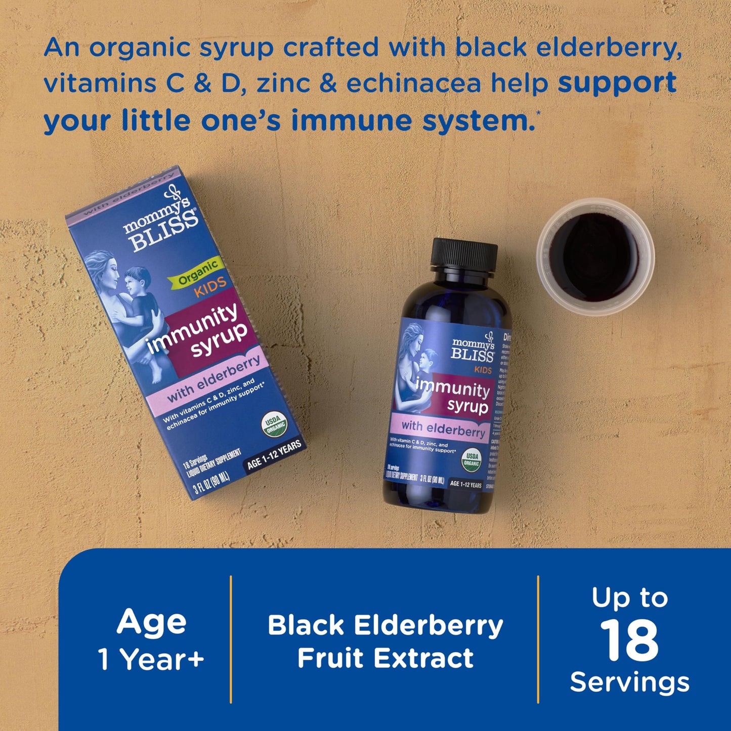 Mommy's Bliss Organic Elderberry Syrup & Immunity Boost With Vitamins, Prebiotics & Echinacea for Kids & Adults 1 yr+, 3 Fl Oz