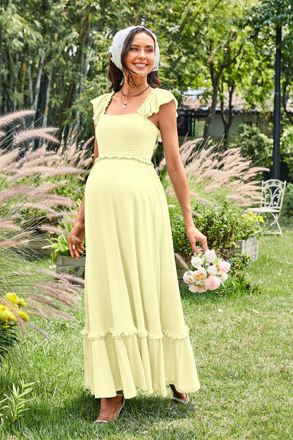 OUGES Womens 2025 Summer Maternity Photoshoot Dress Boho Maxi Smocked Baby Shower Dress Ruffle Sleeve Maternity Clothes