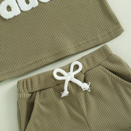 Kupretty Toddler Baby Boy Summer Clothes Embroiderey Waffle Knit Short Sleeve T-Shirt Tees + Casual Shorts Cute Clothing Set