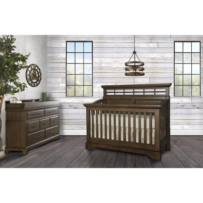 Evolur Empire 5-in 1 Convertible Crib with Metal Elements in Distressed Timber, Green Guard Certificated, Free Mattress
