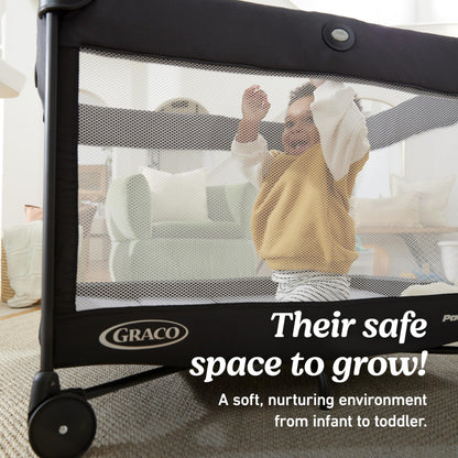 Graco On The Go Zip Pack ‘n Play Playard, Folding Playpen with Bassinet, Portable Crib, Reeves