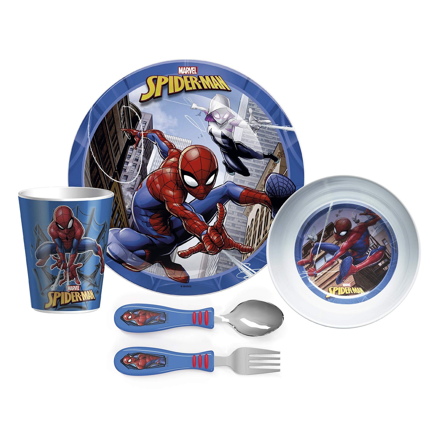 Zak Designs 5-Piece Dinnerware Set, Baby Shark - Durable Plastic & Stainless Steel - Includes Water Bottle, 8-Inch Plate, 6-Inch Bowl, Fork & Spoon - Suitable for Kids Ages 3+
