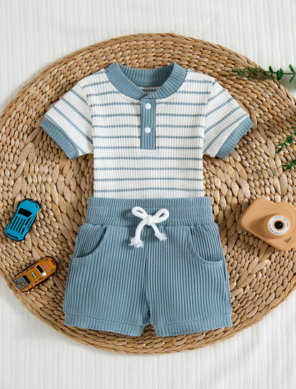 Baby Boy Outfits Ribbed Short Sleeve Striped Romper Top Solid Shorts with Pocket Baby Boy Summer Clothes 0-18M