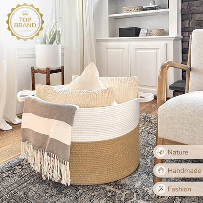 INDRESSME XXXLarge Cotton Rope Basket 21.7" x 21.7" x 13.8" Woven Baby Laundry Blanket Basket Toy Baskets with Handle Storage Comforter Cushions Thread Laundry Hamper