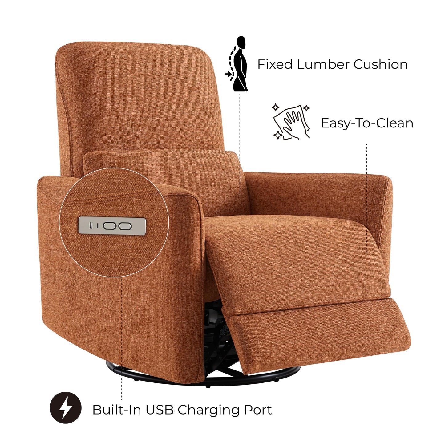 CHITA Power Recliner Chair Swivel Glider, FSC Certified Upholstered Living Room Nursery Reclining Sofa Chair with Lumbar Support, Linen