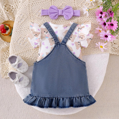 Baby Girl Clothes Suspender Skirt Newborn Ruffle Romper Cute Bear Jeans Dress Bow Headband Summer Outfits 0-18 Months