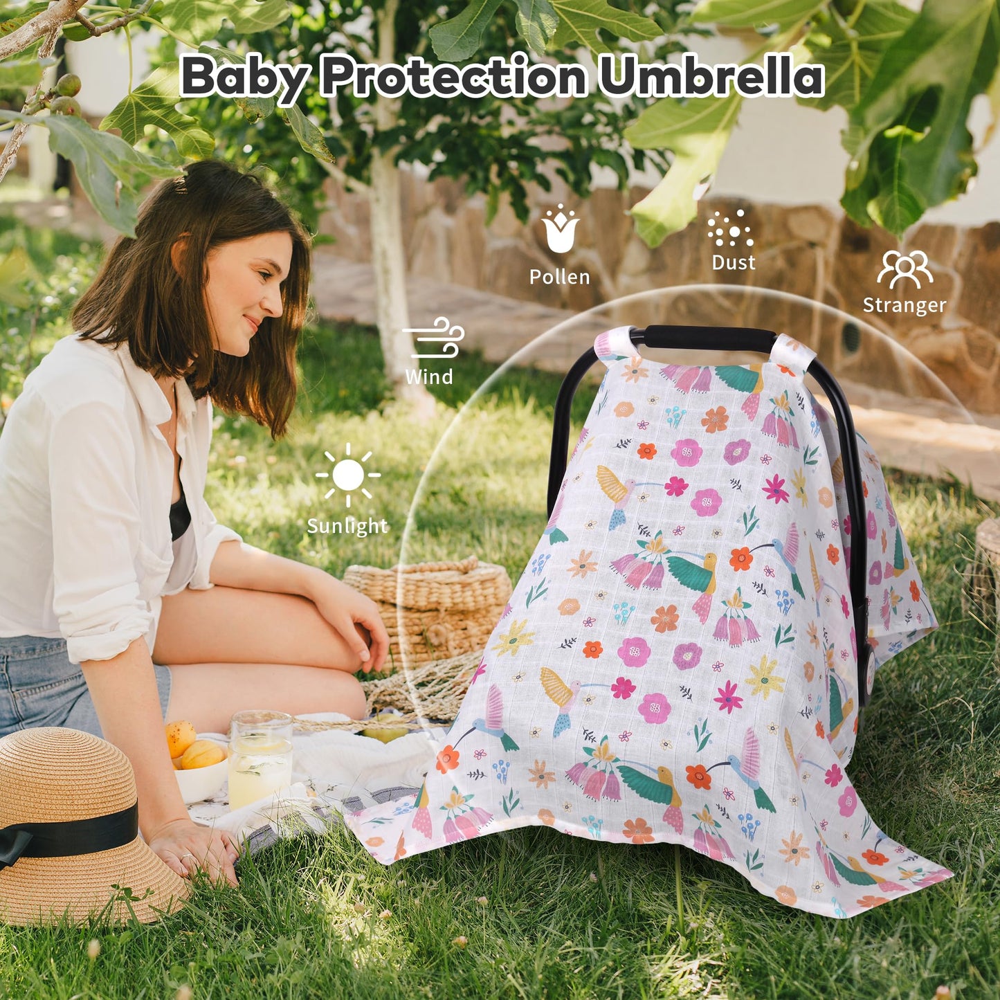 Rquite Car Seat Cover, Muslin Cotton Infant Car Seat Canopy, Breathable Baby Carrier Cover, Summer Stroller Sun Shade, Flower