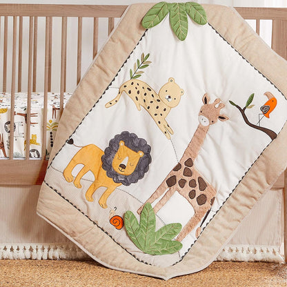Levtex Baby - Zuma Crib Bed Set - Baby Nursery Set - Jungle - Taupe, Green, Brown, Cream - Jungle Animals - 4 Piece Set Includes Quilt, Fitted Sheet, Wall Decal & Crib Skirt/Dust Ruffle