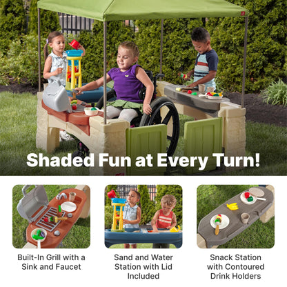 Step2 All Around Playtime Patio with Canopy, Kids Indoor/Outdoor Kitchen Playset & Sensory Playhouse, Made of Durable Plastic, Includes 16 Piece Toy Accessories, For Toddlers 2+ Years Old, Green