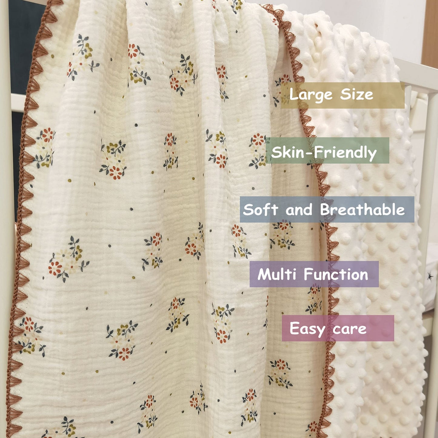 Baby Soft Muslin Thick Blanket Cotton and Dotted Backing Double Layer Receiving Blanket 40"x40" Bunny