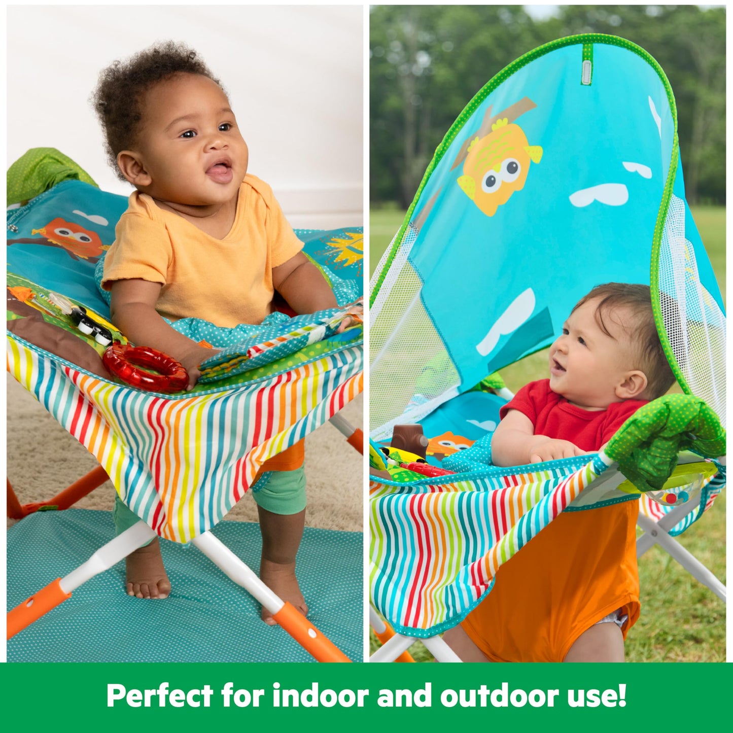 Bright Starts Pop 'N Jump Portable Activity Jumper, Indoor/Outdoor Use, Owl Forest with 4 Sensory Toys, Ages 6-12 Months