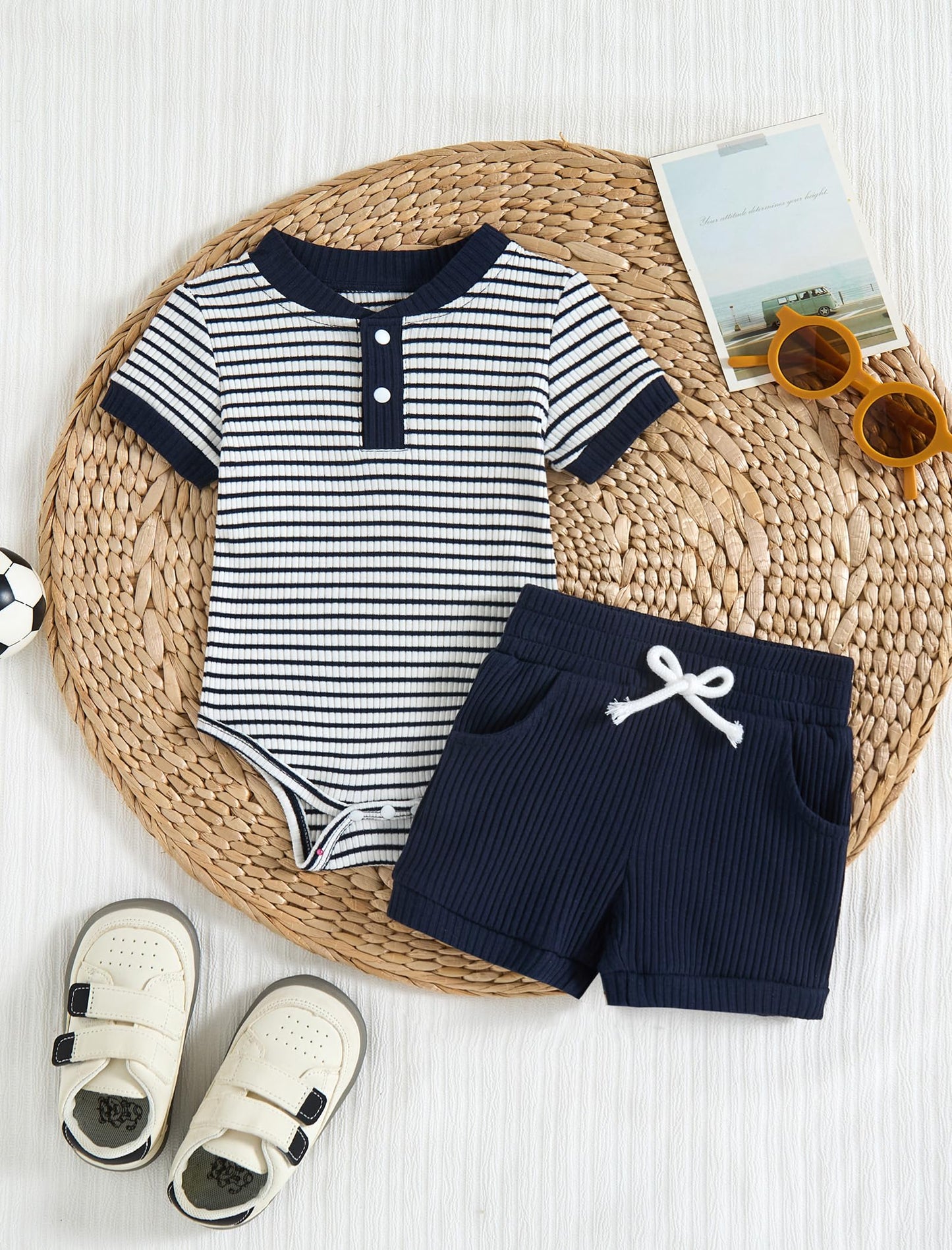 Baby Boy Outfits Ribbed Short Sleeve Striped Romper Top Solid Shorts with Pocket Baby Boy Summer Clothes 0-18M