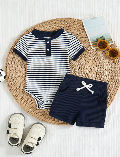 Baby Boy Outfits Ribbed Short Sleeve Striped Romper Top Solid Shorts with Pocket Baby Boy Summer Clothes 0-18M