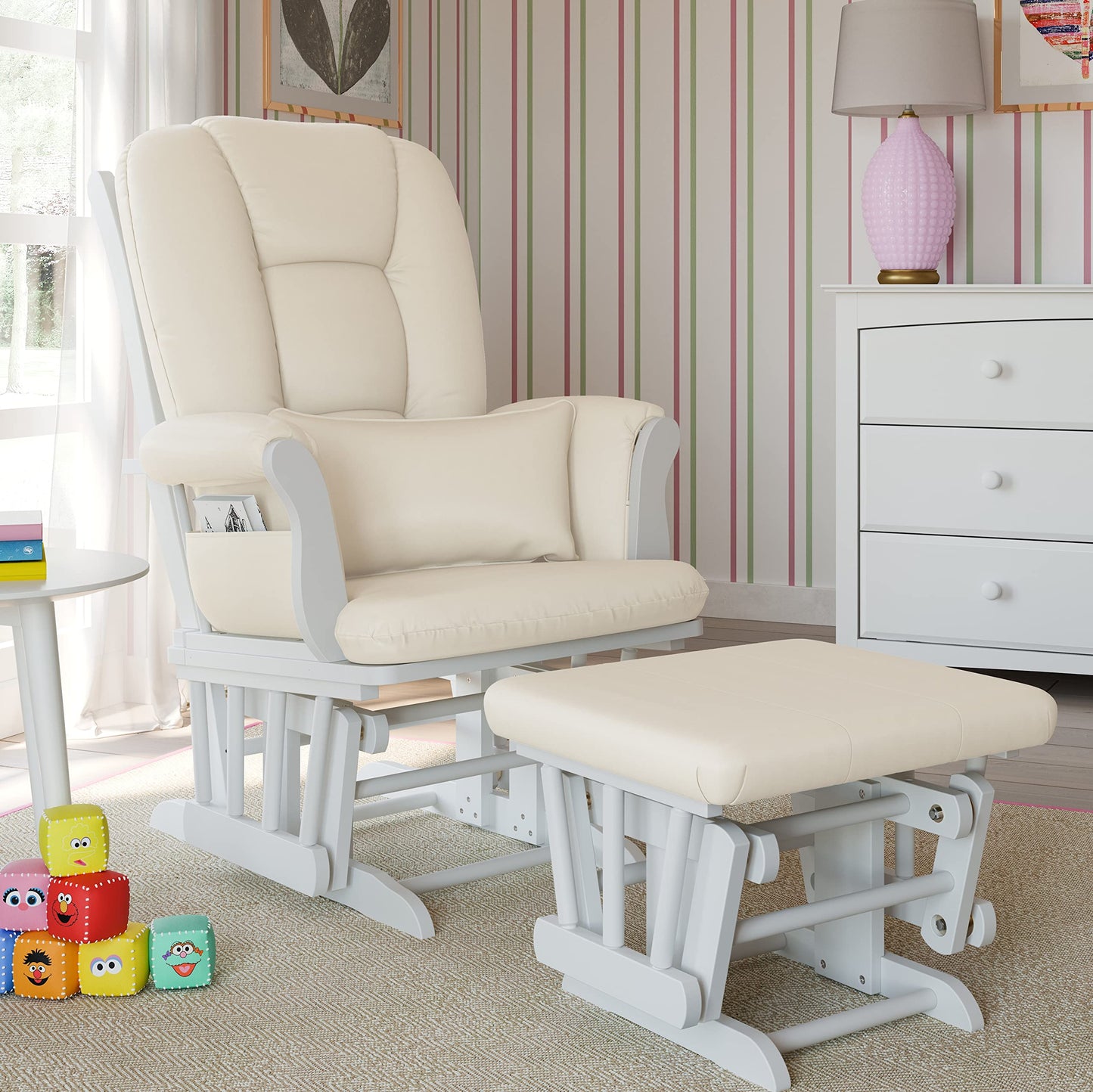 Storkcraft Tuscany Custom Glider and Ottoman with Free Lumbar Pillow (White/Slate Gray Swirl) - Cleanable Upholstered Comfort Rocking Nursery Chair with Ottoman