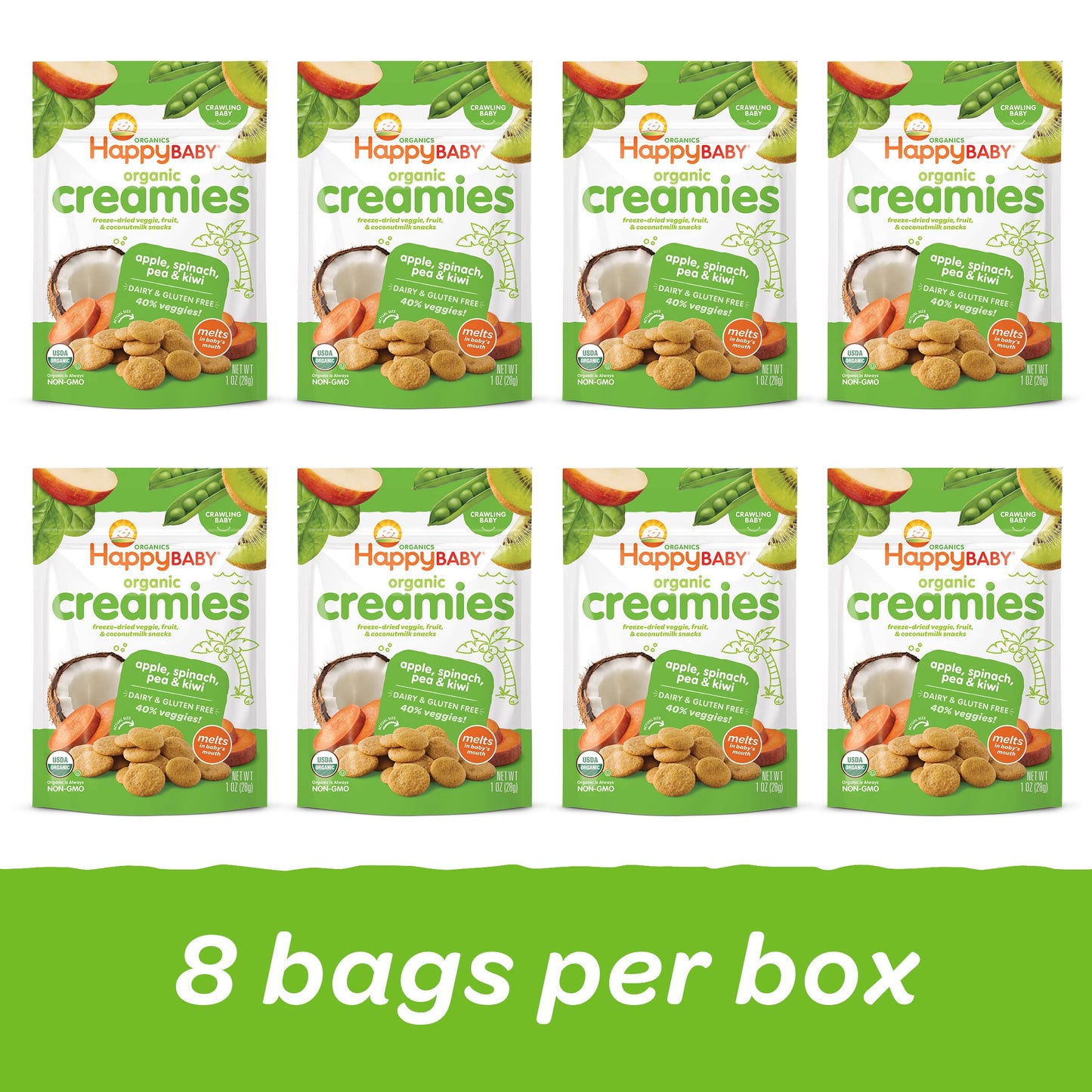 Happy Baby Organics Creamies Freeze-Dried Veggie & Fruit Snacks with Coconut Milk, Apple Spinach Pea & Kiwi