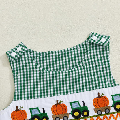 Baby Girl Pumpkin Embroidery Jumpsuit Halloween Sleeveless Round Neck Plaid Tank Romper