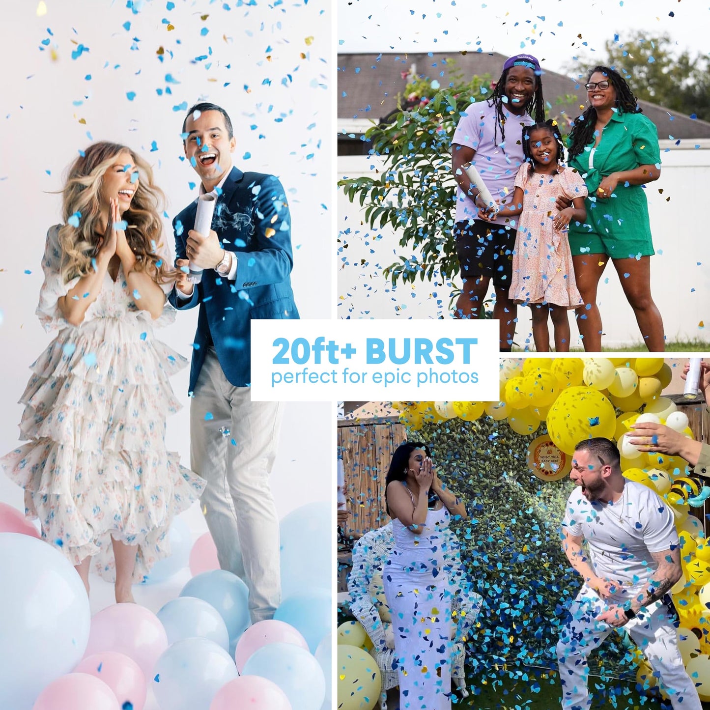 PrimePure Gender Reveal Confetti Cannon - Heart Shaped Confetti Poppers - Blue 2 Pack - Baby Boy Gender Reveal Party Poppers Party Cannons Shooter Blaster