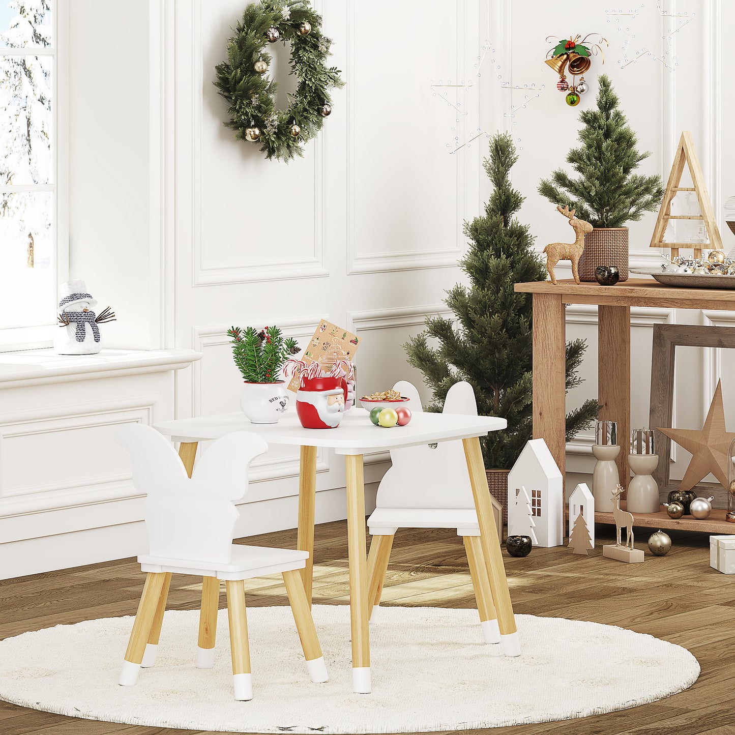 UTEX Kids Wood Table and Chair Set, Kids Play Table with 2 Chairs,3 Pieces Kids Round Table for Toddlers, Girls, Boys,White