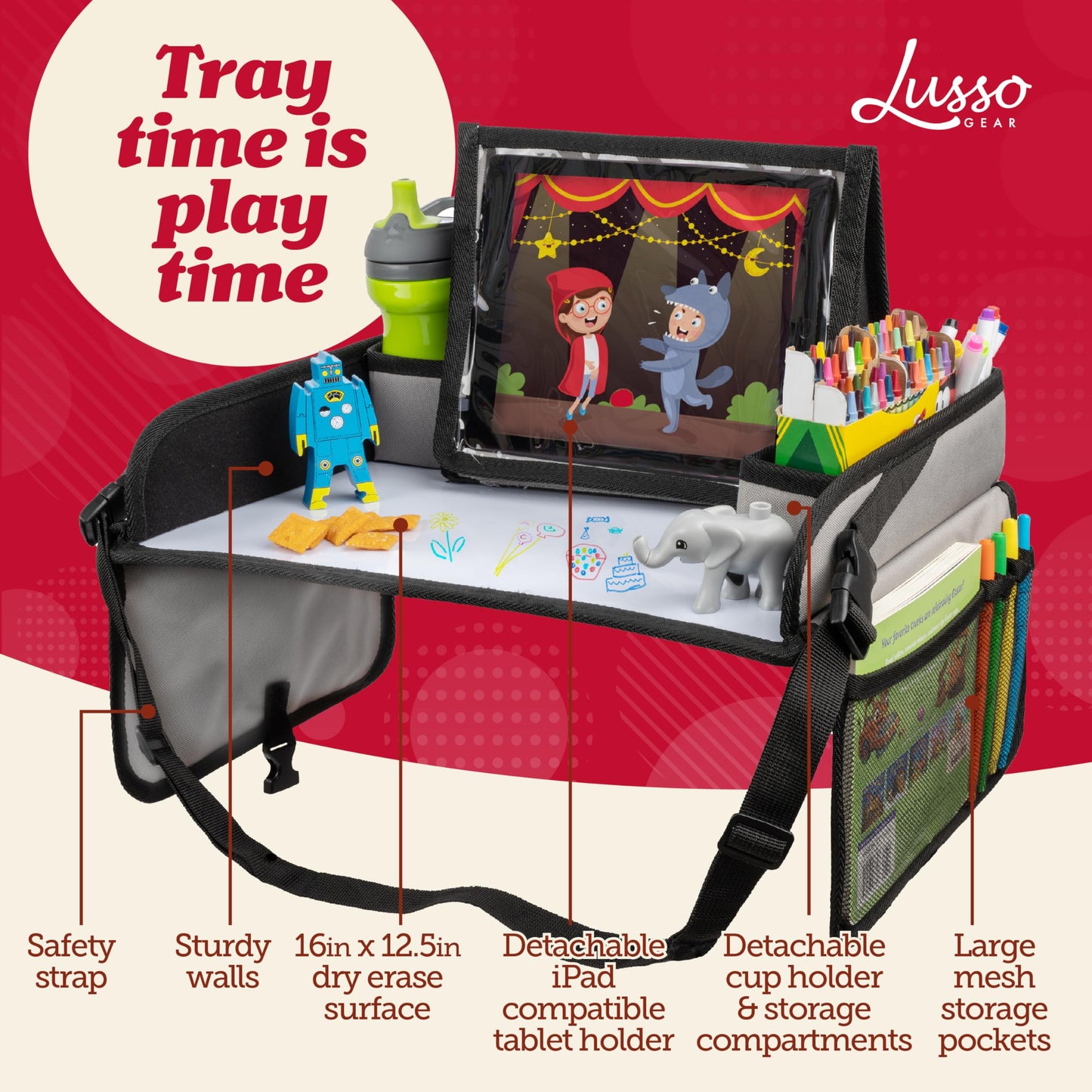 Lusso Gear Kids Travel Tray 2-Pack for Car Seats - Car Seat Tray with Tablet Stand, Mesh Pockets and Cup Holder - Road Trip Essentials Organizer and Activity Desk (Black)