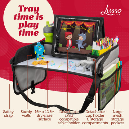 Lusso Gear Kids Travel Tray 2-Pack for Car Seats - Car Seat Tray with Tablet Stand, Mesh Pockets and Cup Holder - Road Trip Essentials Organizer and Activity Desk (Black)