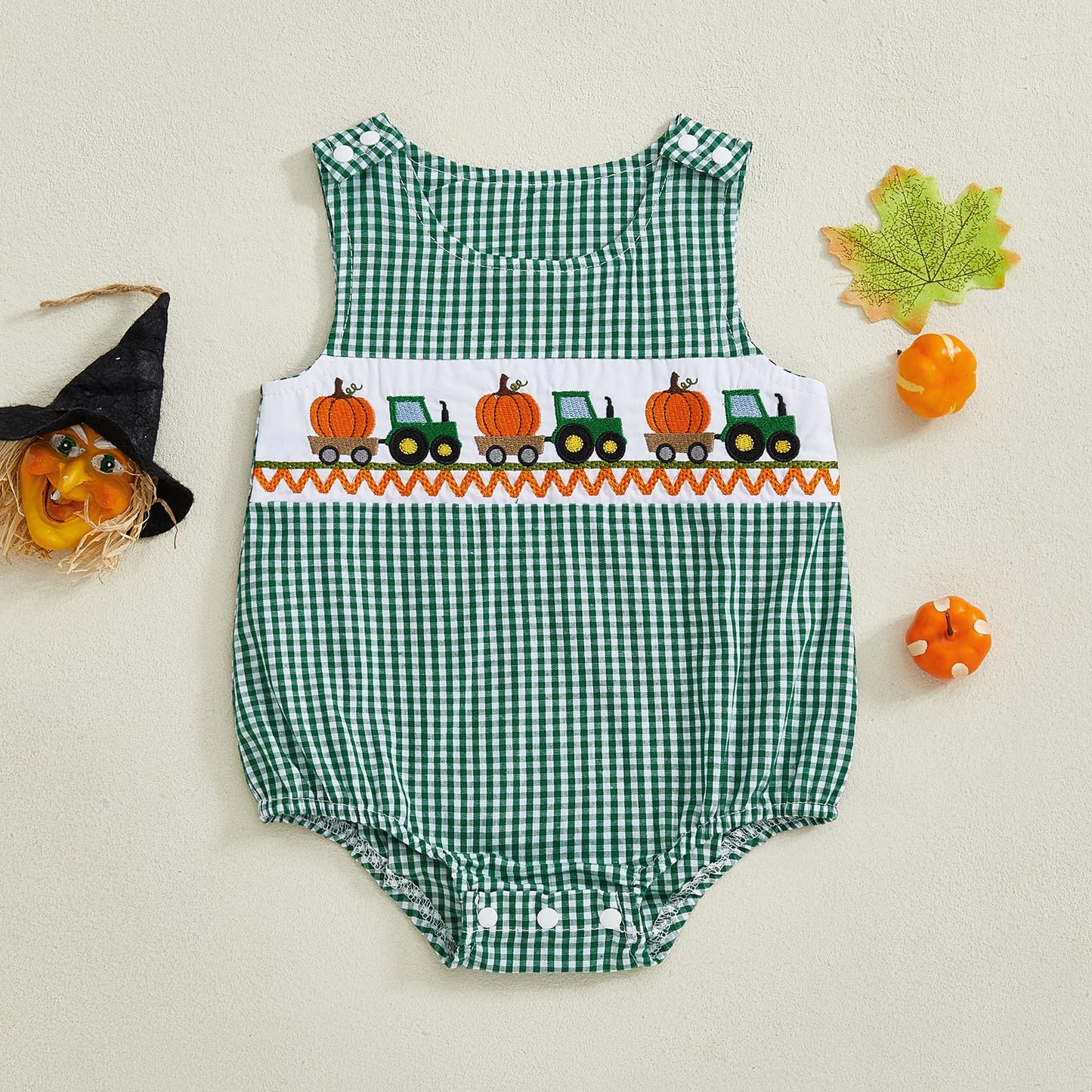Baby Girl Pumpkin Embroidery Jumpsuit Halloween Sleeveless Round Neck Plaid Tank Romper