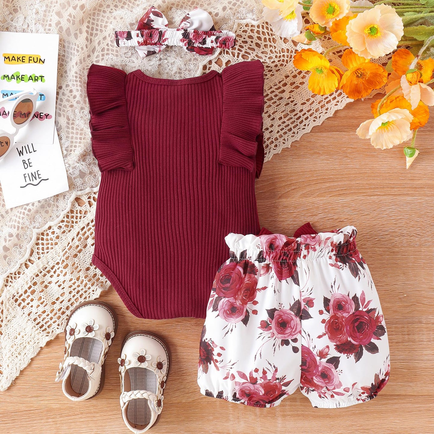 Newborn Baby Girl Clothes Outfits Ruffle Romper and Short Pant Sets with Headband Infant Bodysuits